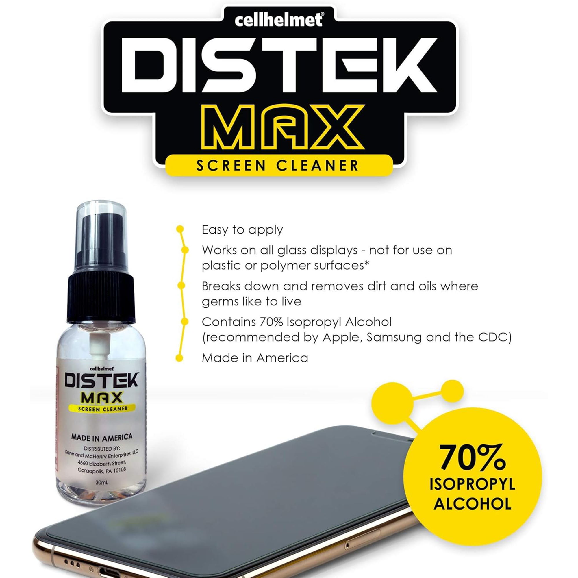 DISTEK MAX Screen and Phone Cleaner -70% Isopropyl - 30ML w/ Cleaning Cloth